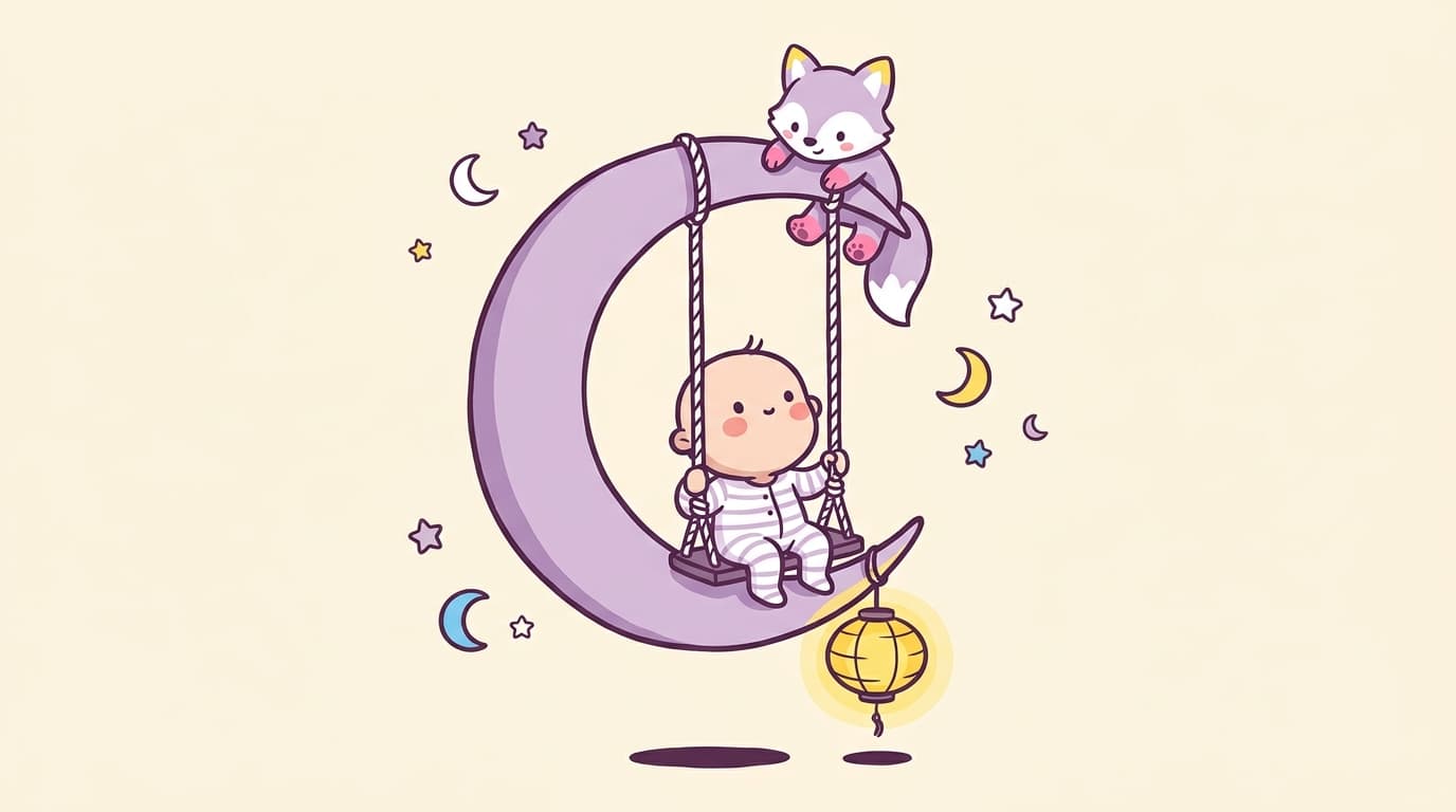 Child on a rope swing hanging from a crescent moon with a glowing lantern, a plush fox perched on the moon's tip