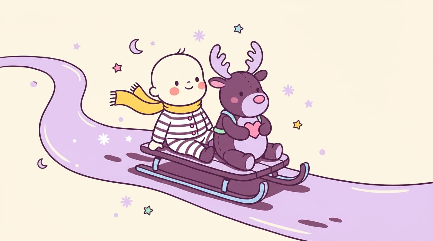 Child and a plush reindeer riding a wooden sled along a ribbon of moonlight, a long yellow scarf streaming behind