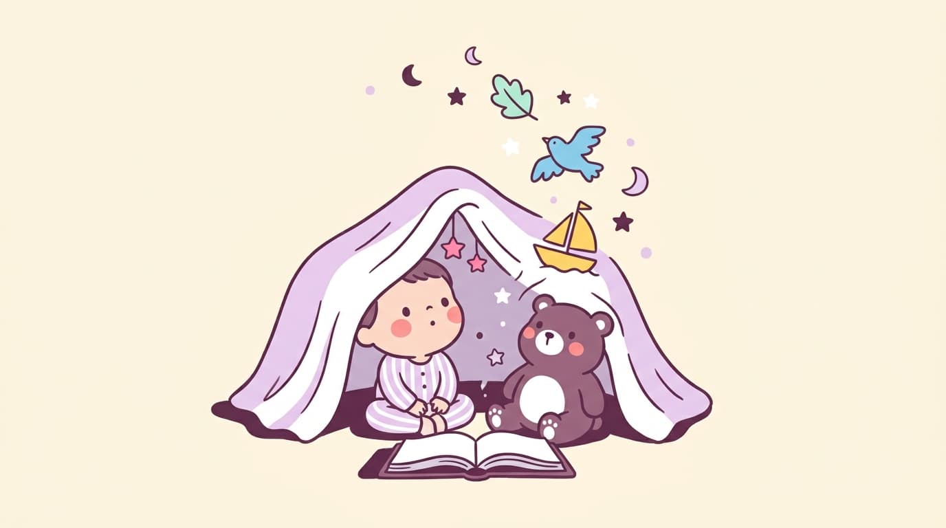 Child and teddy bear under a blanket fort watching story shapes drift up from an open book