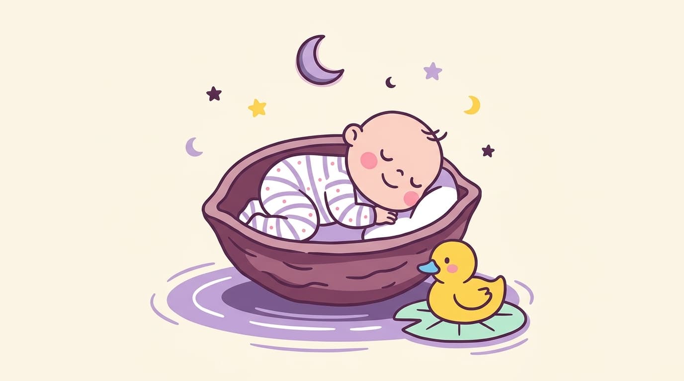 Toddler asleep in a giant walnut-shell boat on a small ripple of water, a yellow duckling floating beside on a lily pad