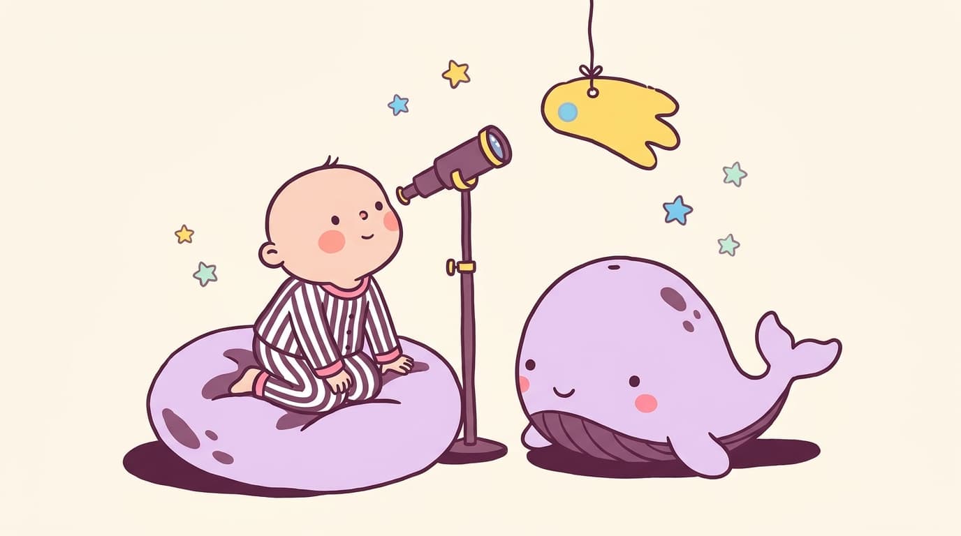 Child kneeling on a cushion looking through a small brass telescope, a plush whale beside them and a yellow paper comet hanging above