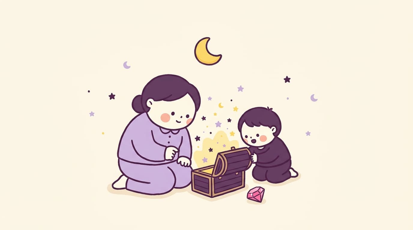 Parent and child kneeling to peek into a small open treasure chest glowing with tiny stars