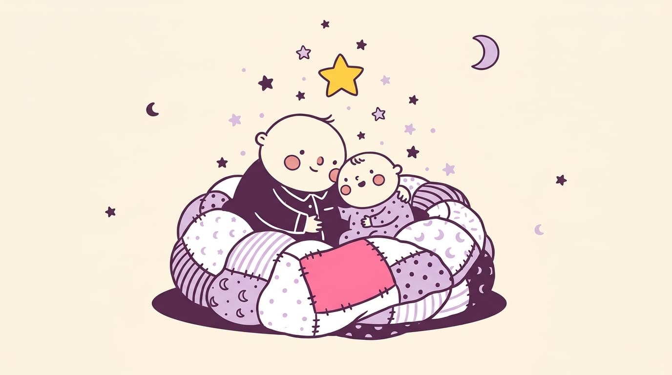 Parent and child tucked into a quilt nest as tiny stars drift down around them like snow